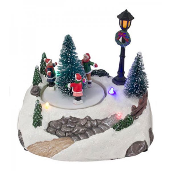 Χριστουγεννιάτικο Διακοσμητικό Παγοδρόμιο με Παιδάκια, Φανάρι, Κίνηση και LED  (17cm)